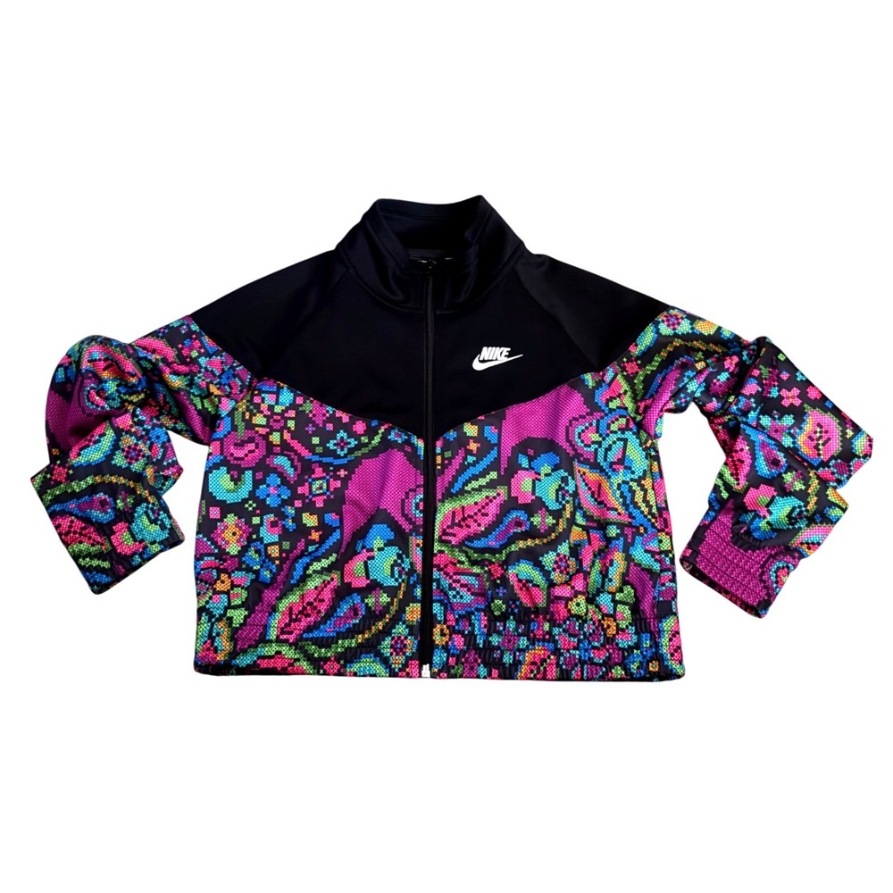 Nike Track Jacket Women Small Black Multi Good Neon Pixel Print Zip Up Cropped